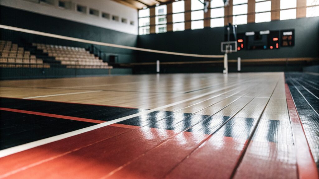 Indoor sports court with wooden flooring, volleyball net, and scoreboard in the background.