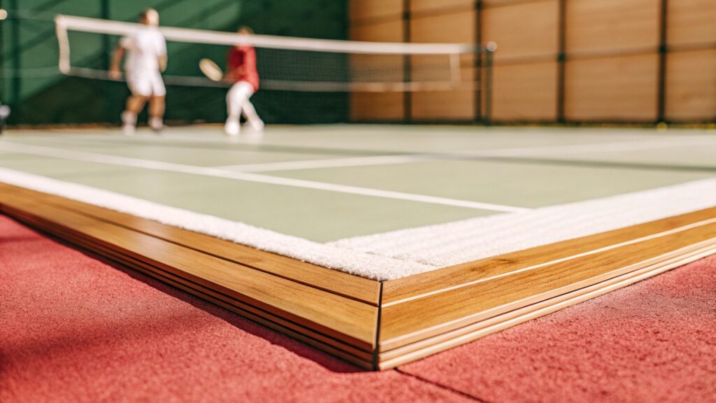 Close-up of a tennis court edge with wood and textured surface, players in the background.